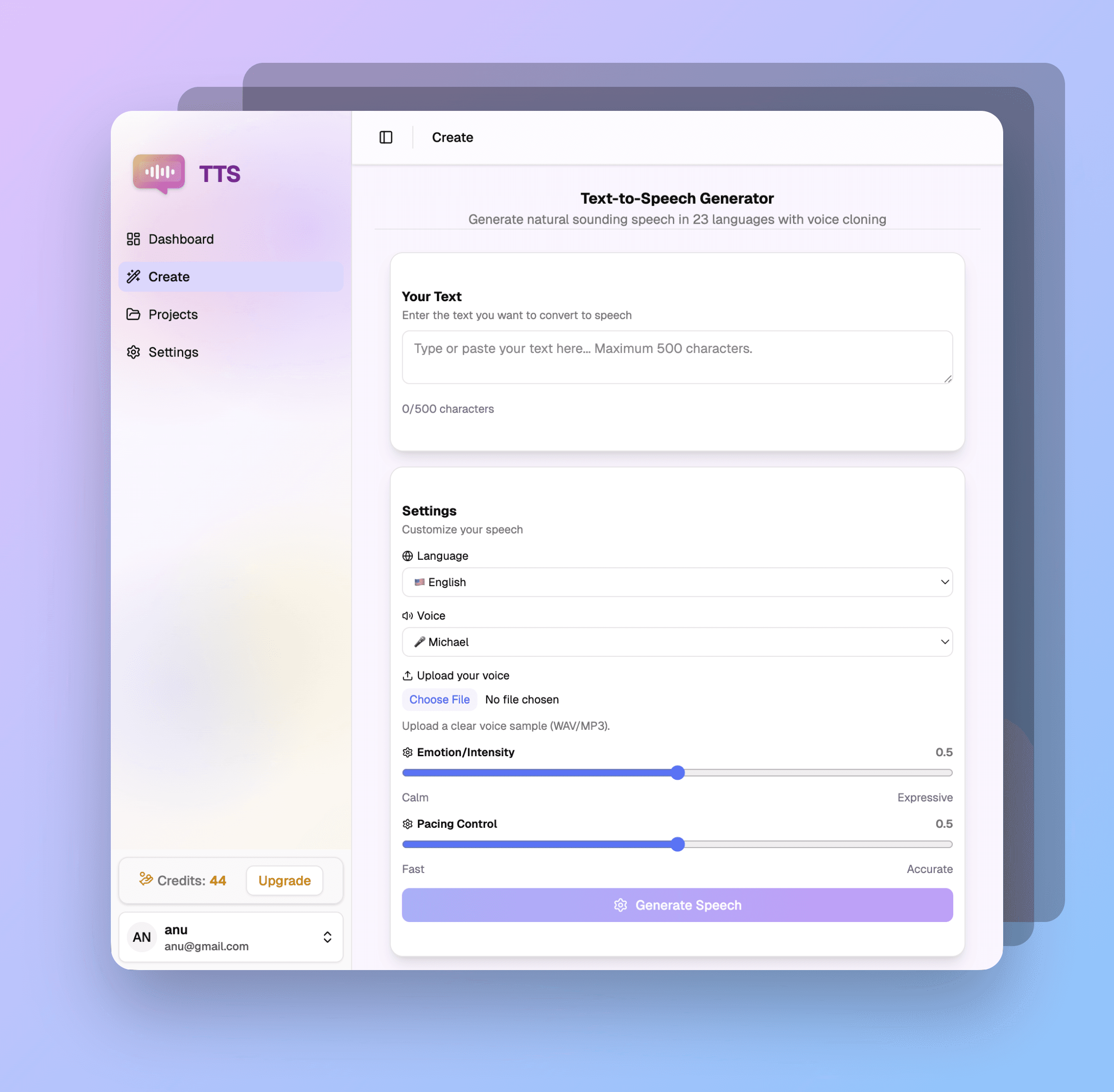Text2Speech dashboard showing text input, language selection, voice upload, and speech generation settings.